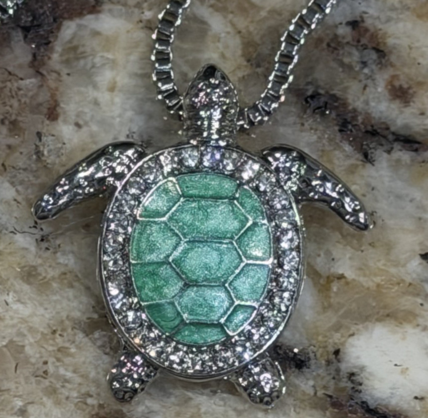 Sea Turtle Necklace Pendant Simulated Blue Opal NEW Silver CHARITY