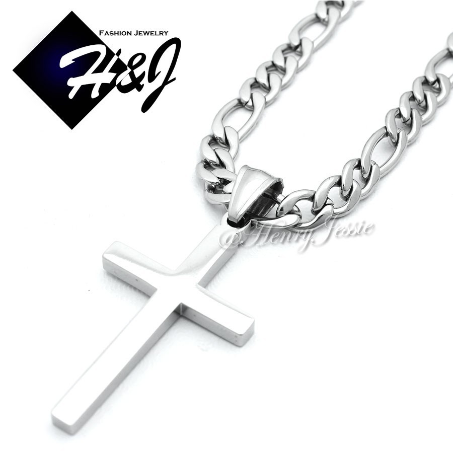 18-36″MEN Stainless Steel 4mm Silver Figaro Link Chain Necklace Cross Pendant*SP