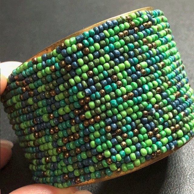 B3049 Danita Wide Cuff Bracelet Green Teal Bronze Seed Beads Boho Artisan India