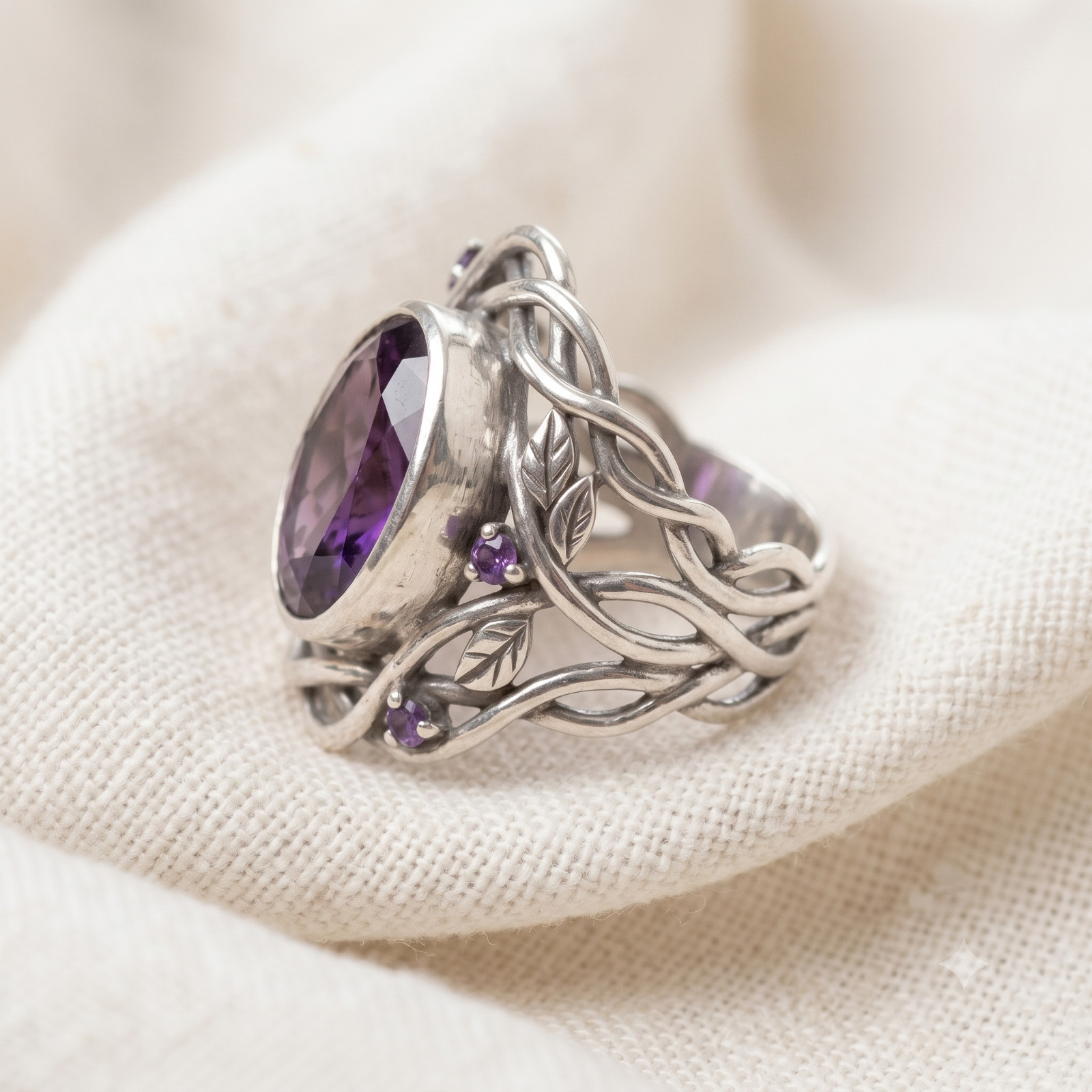Oval Amethyst Ring, Nature Inspired Sterling Silver Leaf Band, Handmade Jewelry
