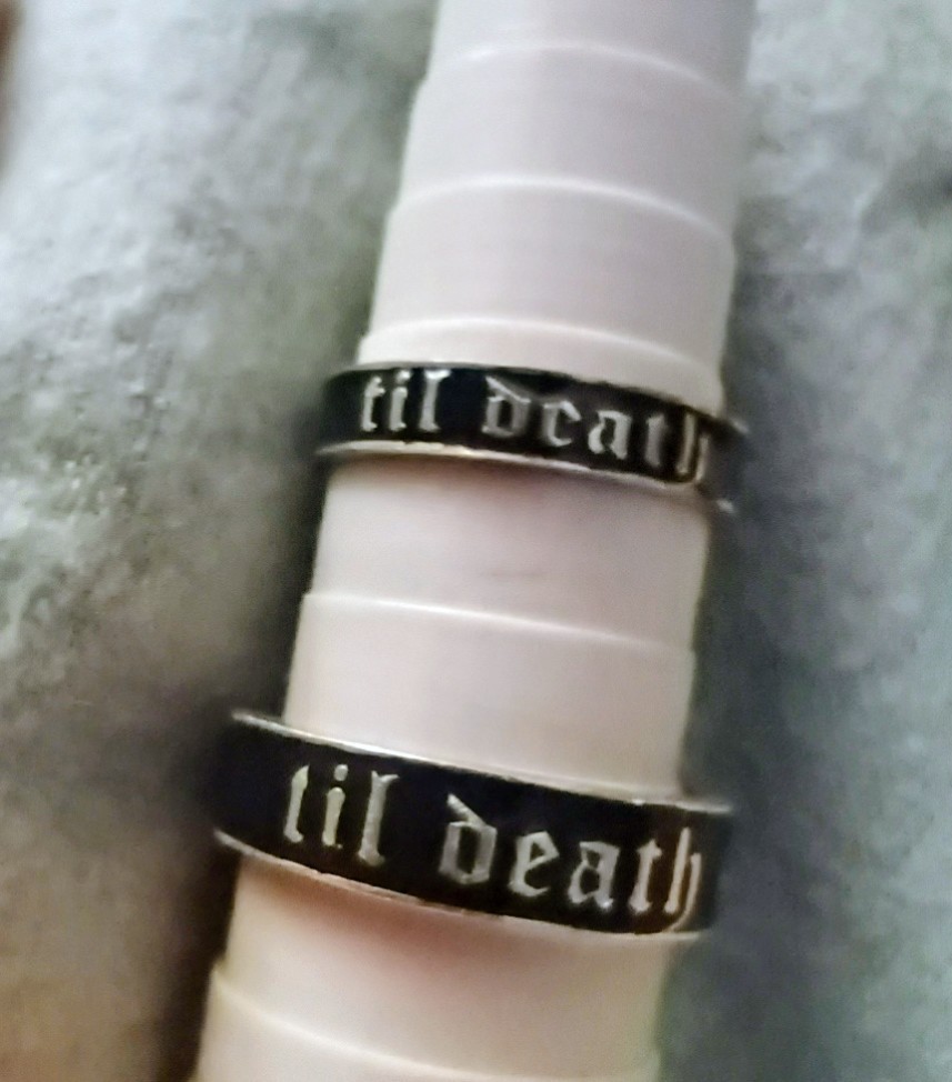 925 Silver Engraved ‘til death’ Band Ring, Black/Silver, Size 7 and 10