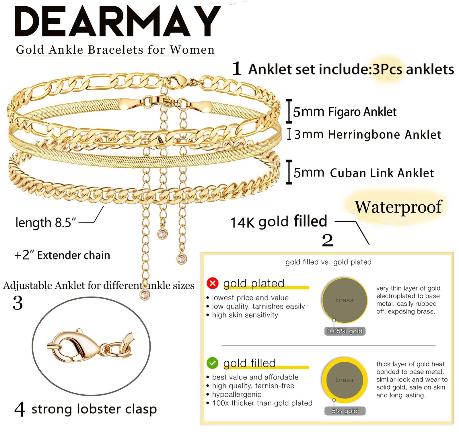 DEARMAY Gold Ankle Bracelets for Women Non Tarnish 8 5 inch, Anklet-A