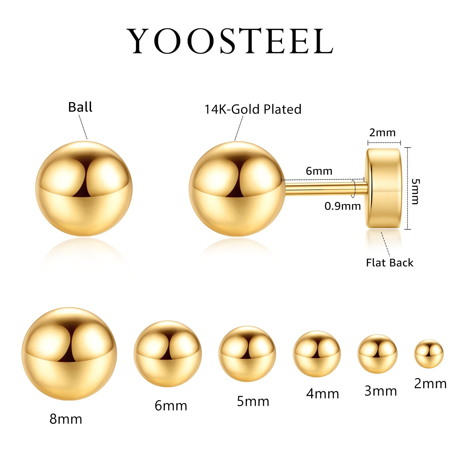 Yoosteel 6 Pairs 2mm, 3mm, 4mm, 5mm, 6mm, 8mm, Ball-14K-Gold-Plated