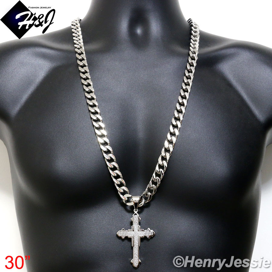 30″MEN Stainless Steel 11x5mm Silver Cuban Curb Chain Necklace Cross Pendant*K20