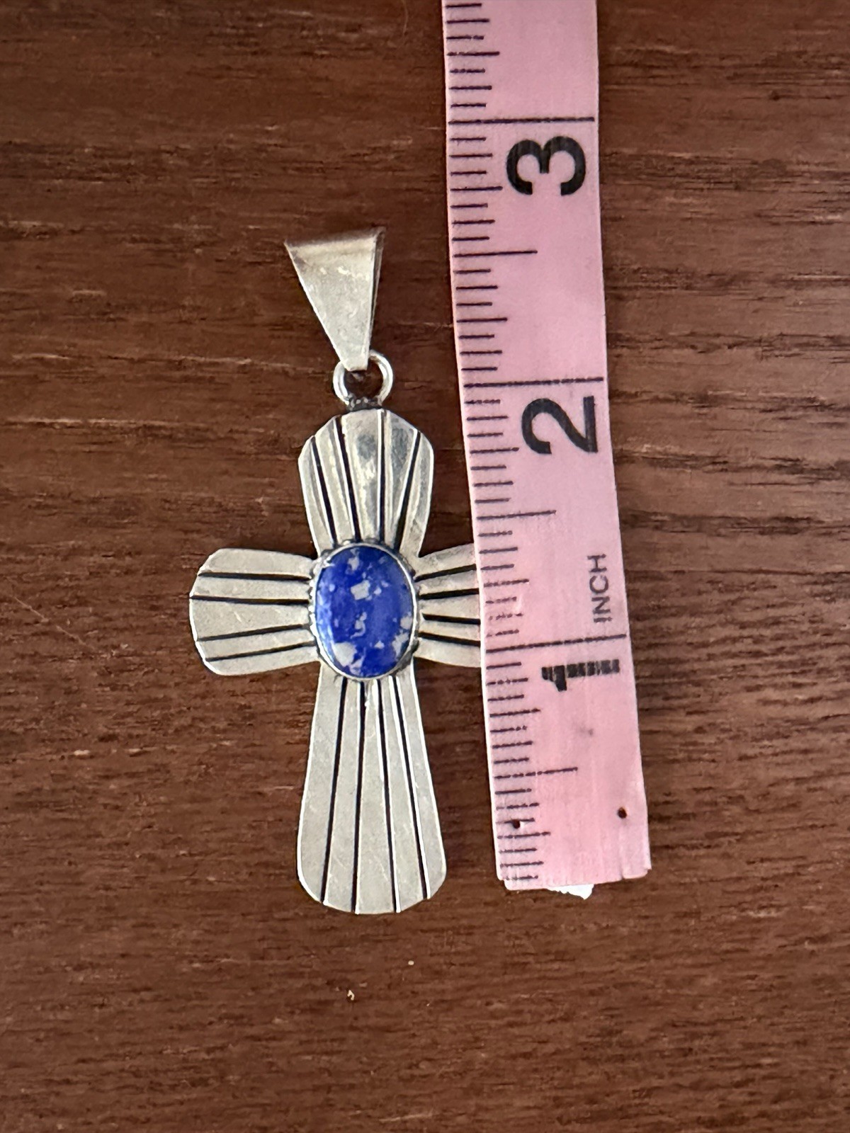 925 Sterling Silver Cross Pendant Bezel Set Oval Lapis Blue Signed 17.6 grams