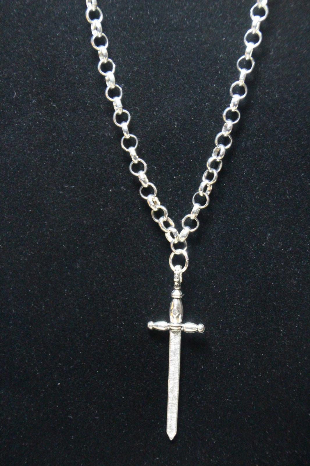 Sword Charm Fantasy Pewter Pendant Stainless Steel Chain Necklace Renn Fair 18″