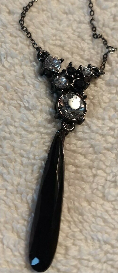 VTG SAQ Victorian Black/Clear Stones Necklace-2″ Pendant-16″ Chain w/4″ extender