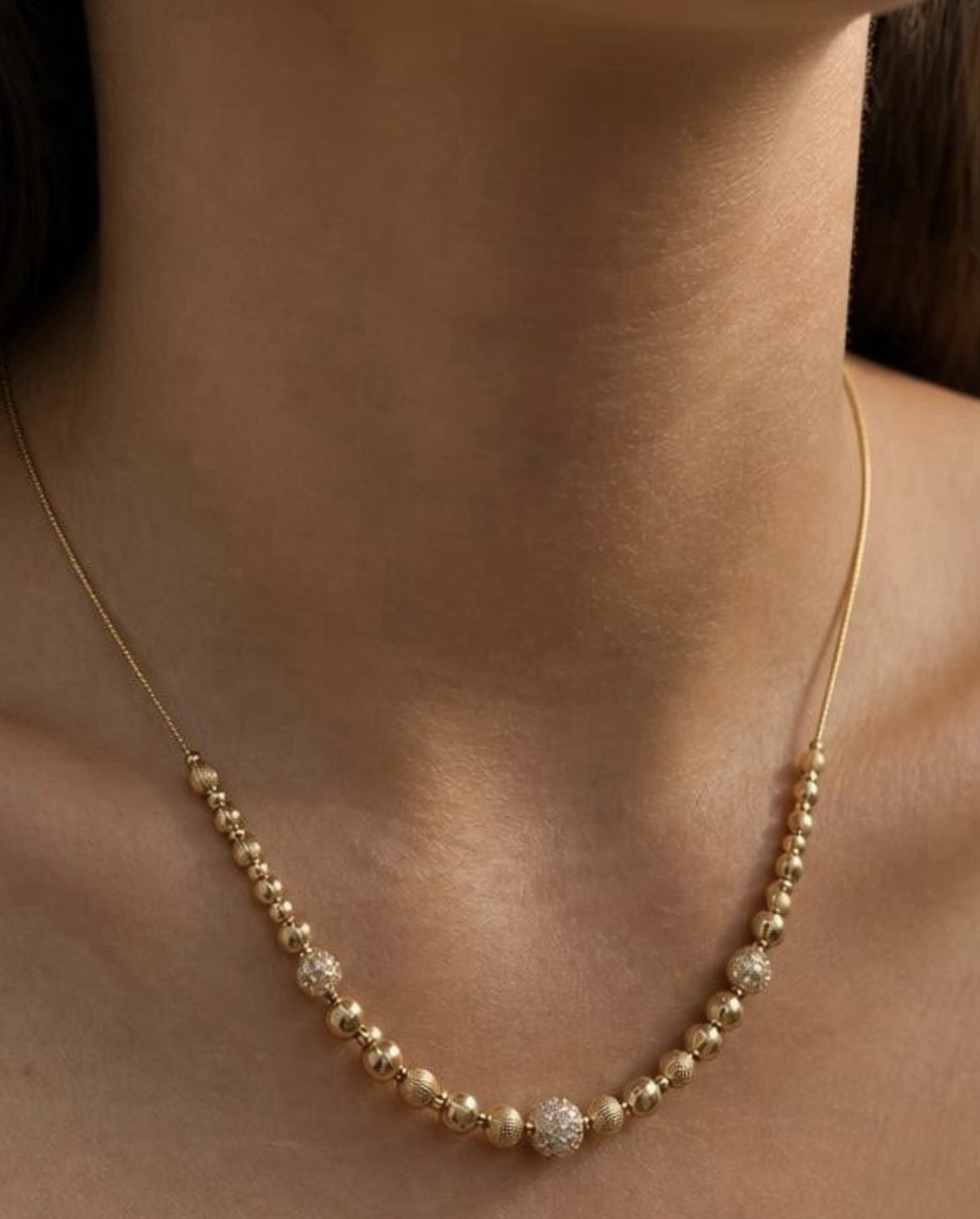 Vintage Gold Tone Beaded Adjustable Necklace w/ Rhinestone Accent Beads Boho
