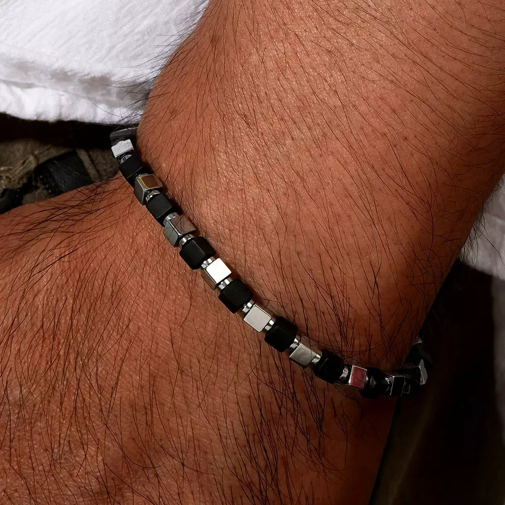 Men’s Black Obsidian & Hematite Stretch Bracelet Protection Healing Jewelry Gift