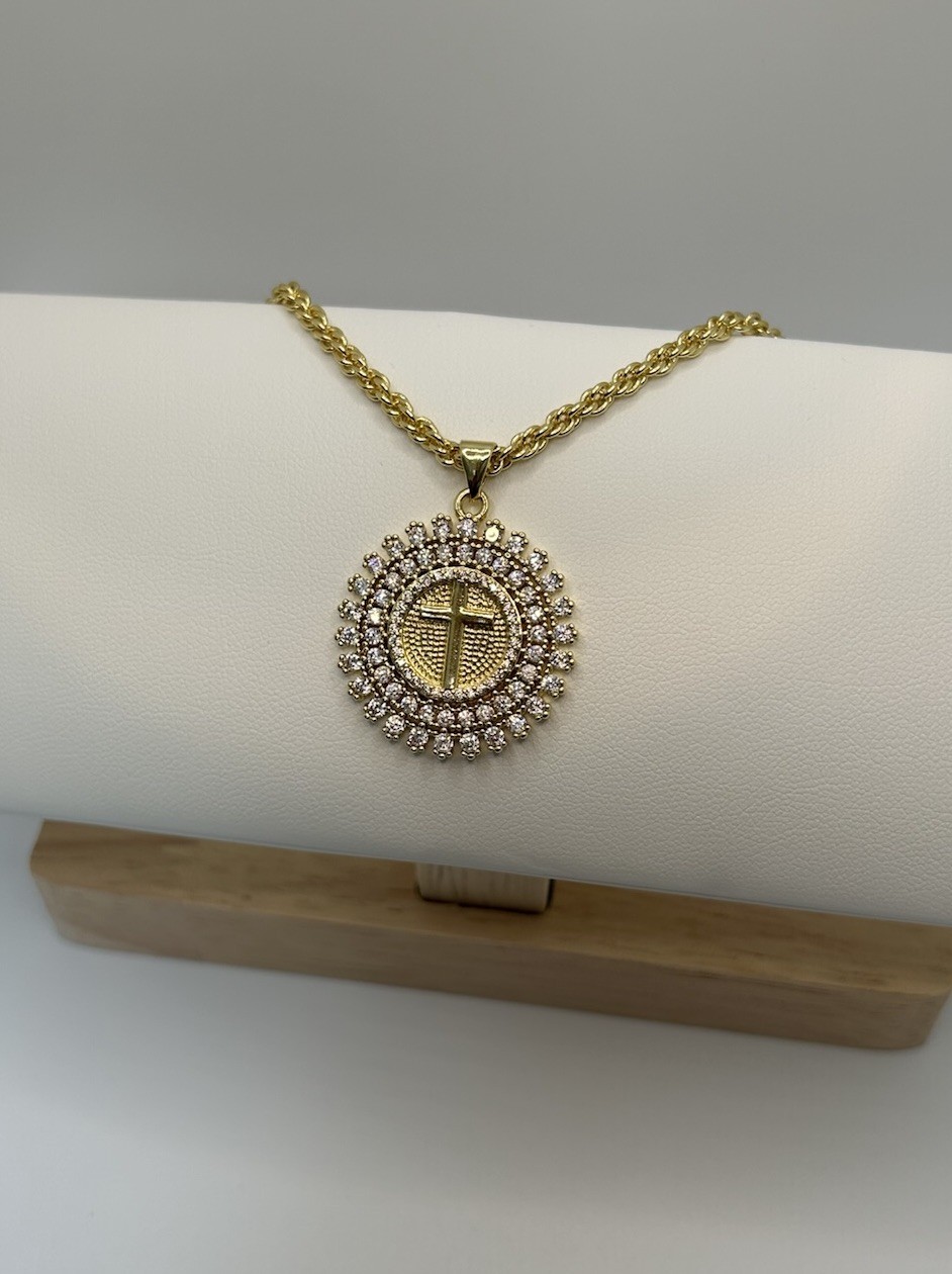 9ct GF Round Medallion Cross Pendant Necklace – 55cm (22”) 9K Gold Filled CZ