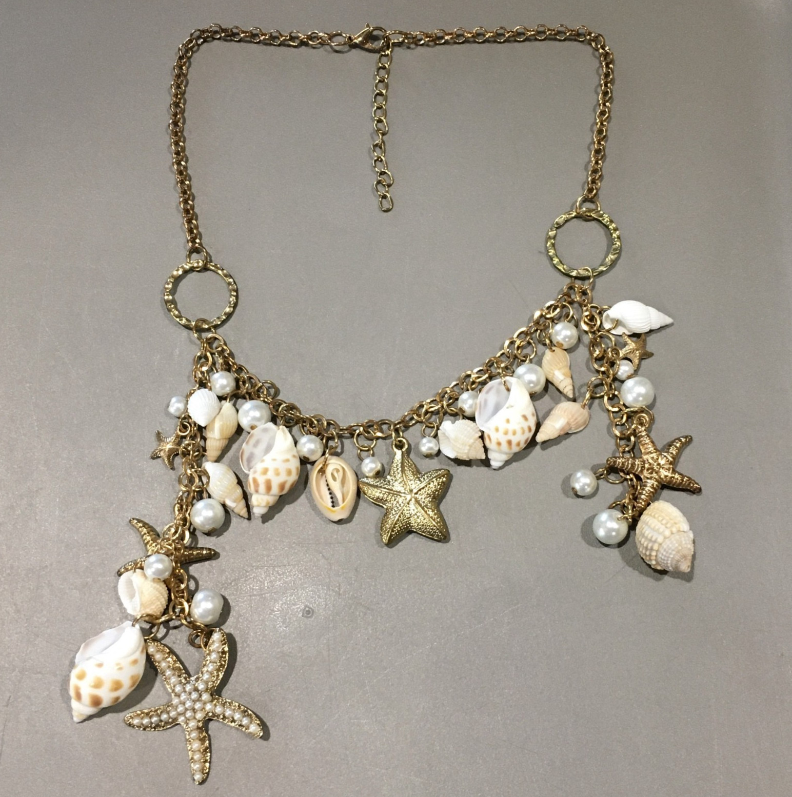 Shell Charm Pendant Necklace Beachy Nautical Coastal Gold Tone Necklace