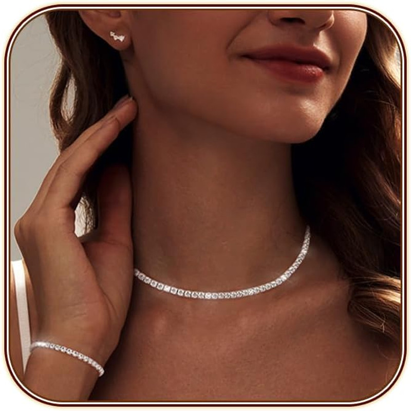 Tennis Necklace Bracelet for Women, Dainty Sterling Sliver Choker Necklace Cryst