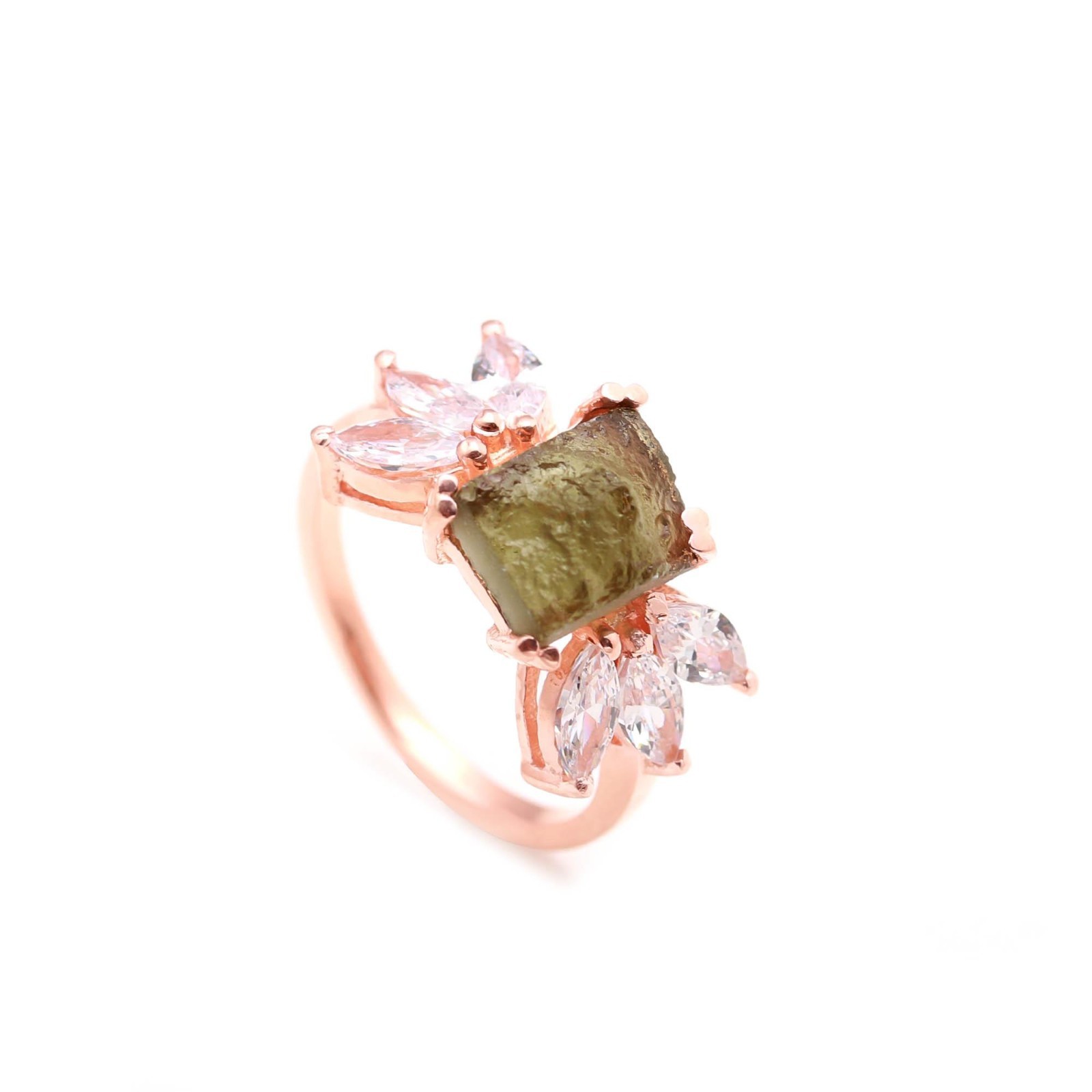 Rough Moldavite Octagon Ring Rose Gold Plated Solid Silver Jewelry Gift For Her