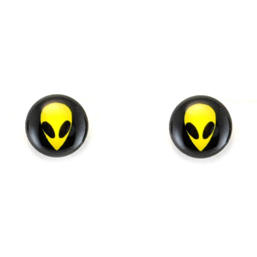 STAINLESS STEEL POST EARRINGS ALIEN FACE 10mm UFO Roswell Yellow Black Pair Stud