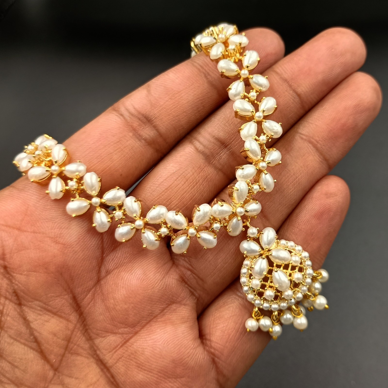 Vintage White Pearl Necklace Set 22K Gold Plated Chain Earrings Bridal Gift