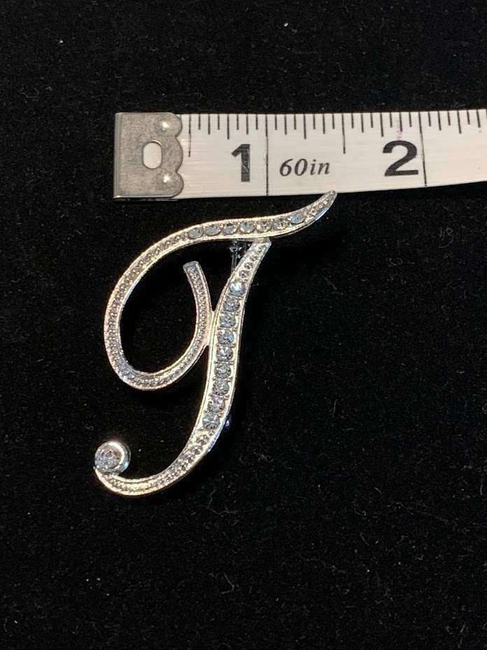 Initial Pin Brooch Silvertone with Rhinestones Letter “T”