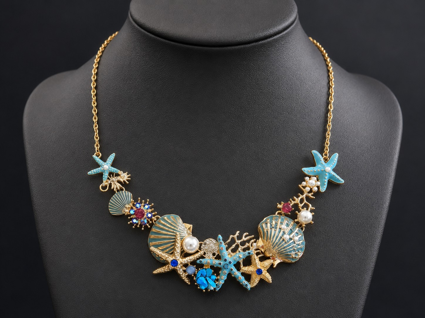 Starfish Seashell Necklace Pearls Beach Nautical Statement Bib Jewelry Chain 20″