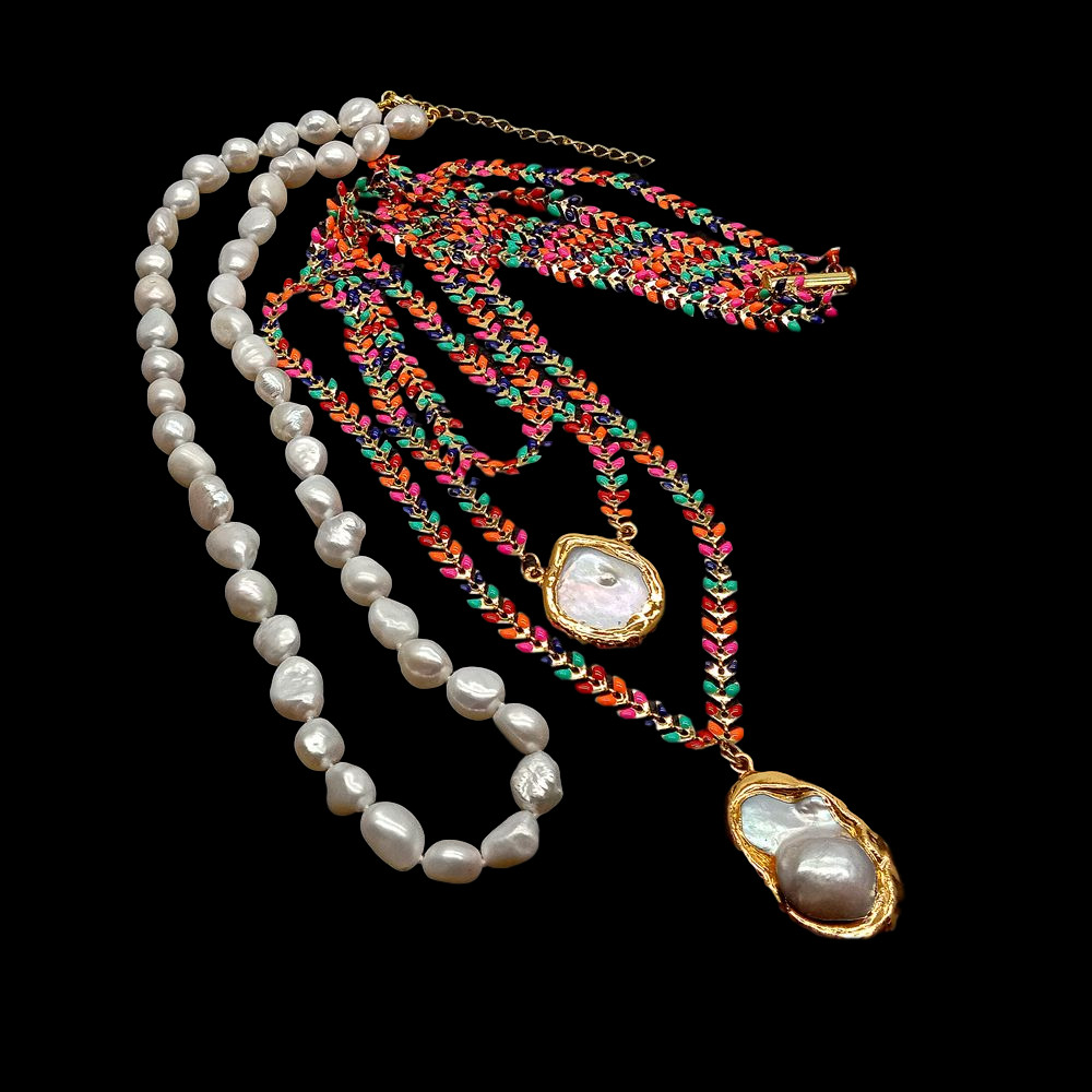 Multi Color Enamel Chain White Baroque Pearl Necklace Keshi Pearl Charm Pendant