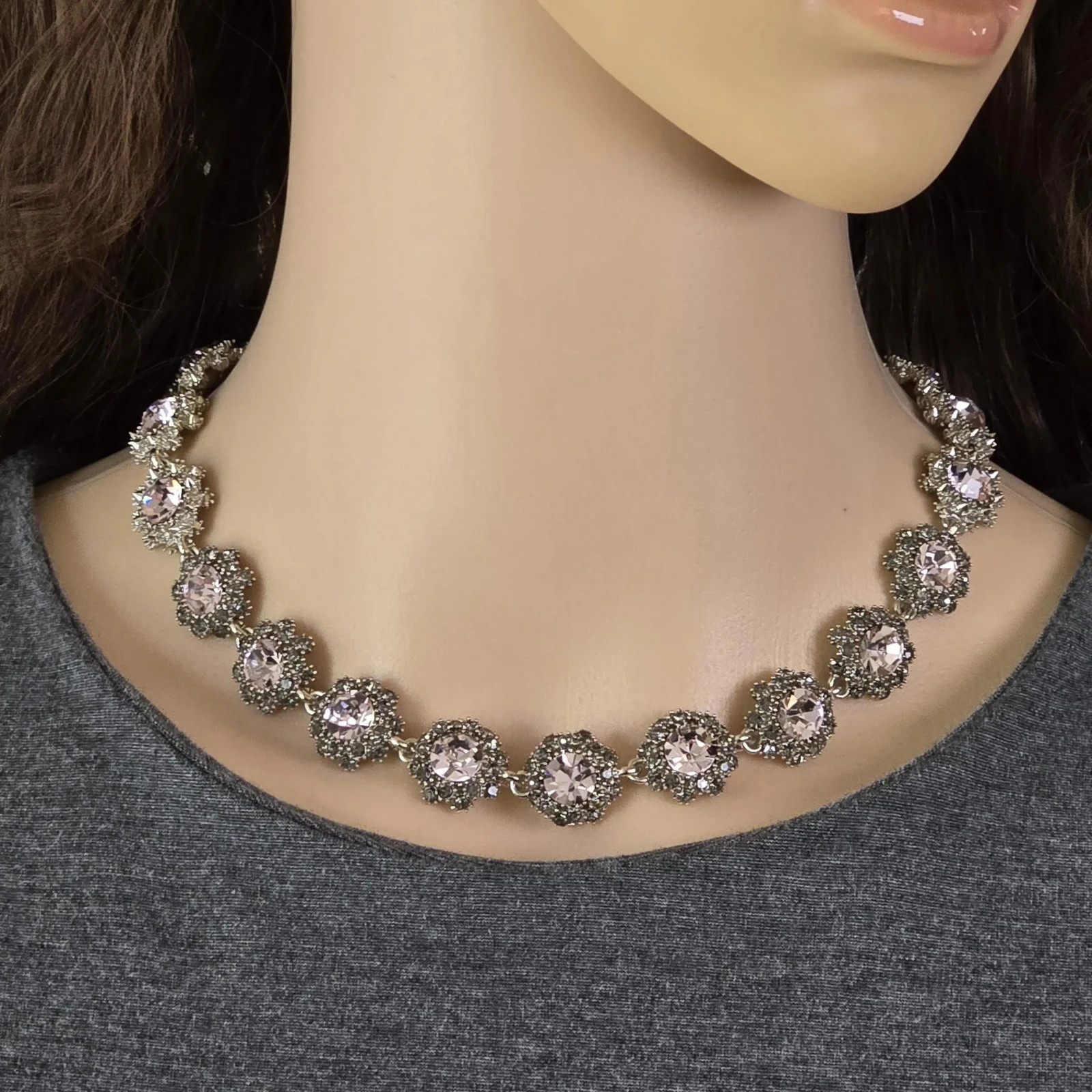 Pink Rhinestone Necklace Victorian Style 16 In Statement Special Occasion Silver