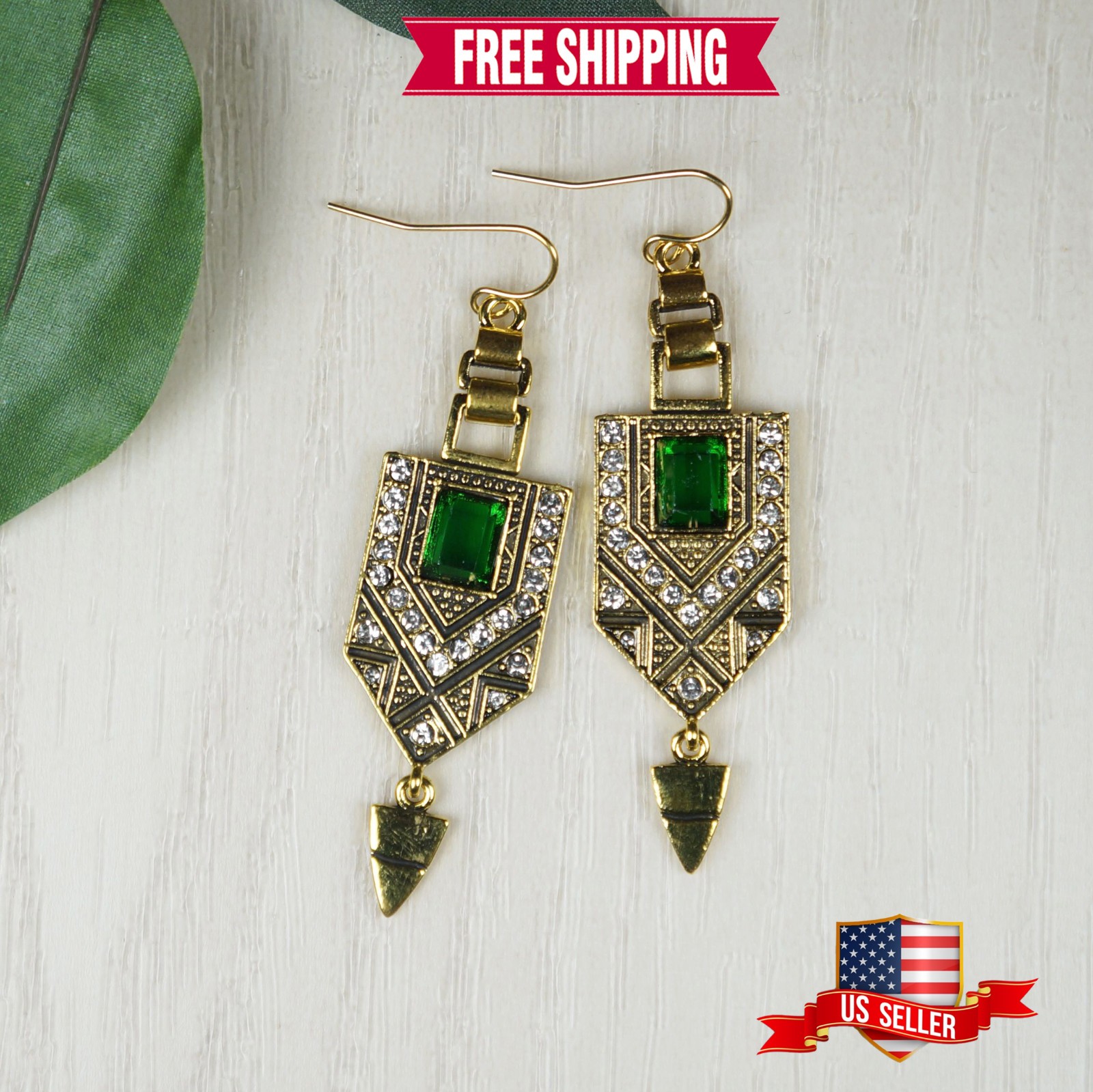 Vintage Art Deco Gold & Green Aztec Boho Statement Earrings, 18K Gold Ear Wires