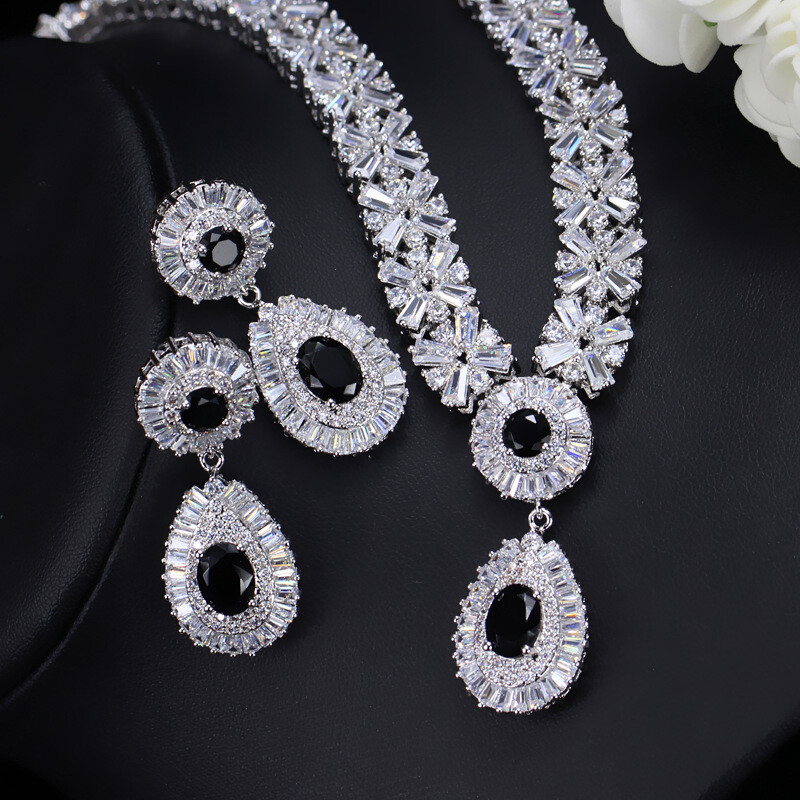 18k Gold CZ Snowflake Earrings Necklace for Brides Wedding Costume Jewelry Set