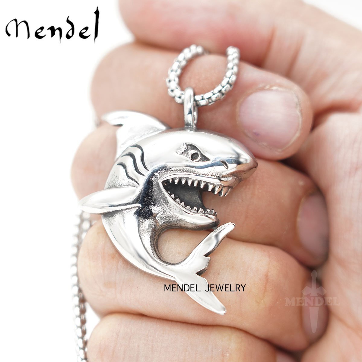 MENDEL Mens Boys Girls Shark Fish Pendant Necklace Stainless Steel Chain Set