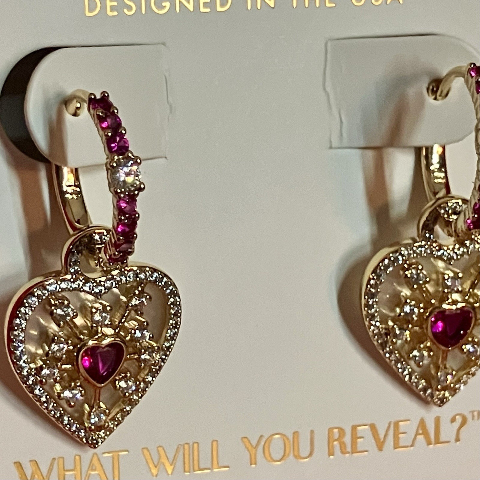 Bomb Party Pink Ruby “Hearts On Fire” Removable Charm Hoop Earrings ER84092 Gold