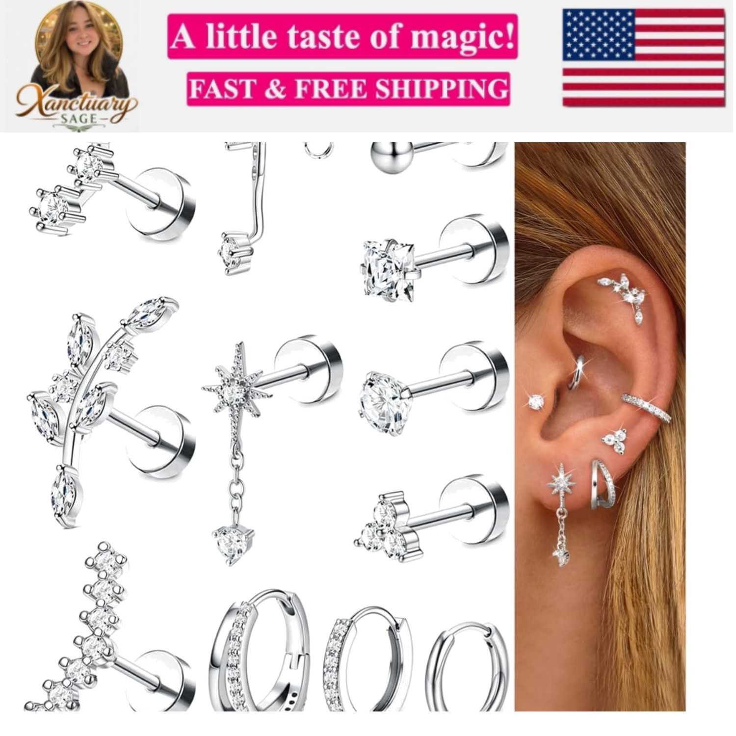 16G Cartilage Earrings for Women Silver Flat Back Earrings Hypoallergenic Sur…