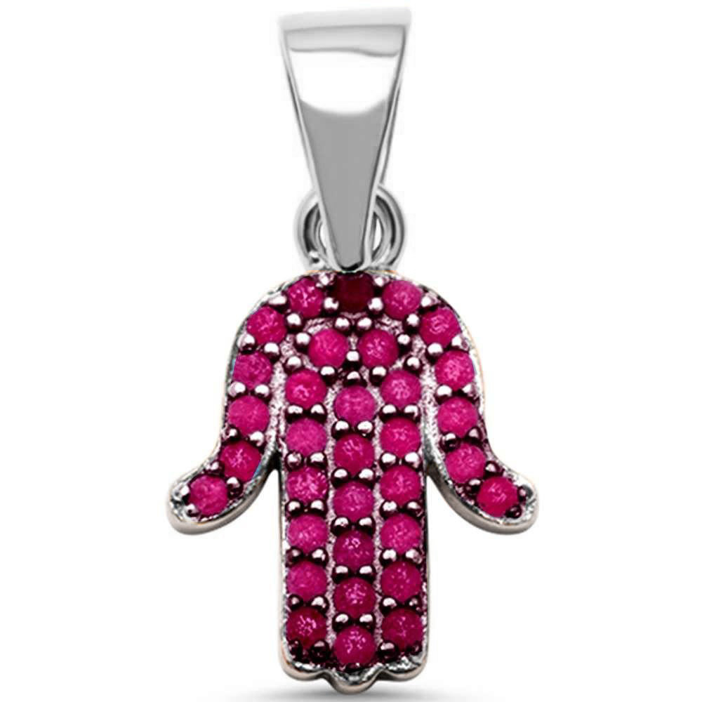 Ruby Hand of Hamsa Evil Eye Charm .925 Sterling Silver Pendant