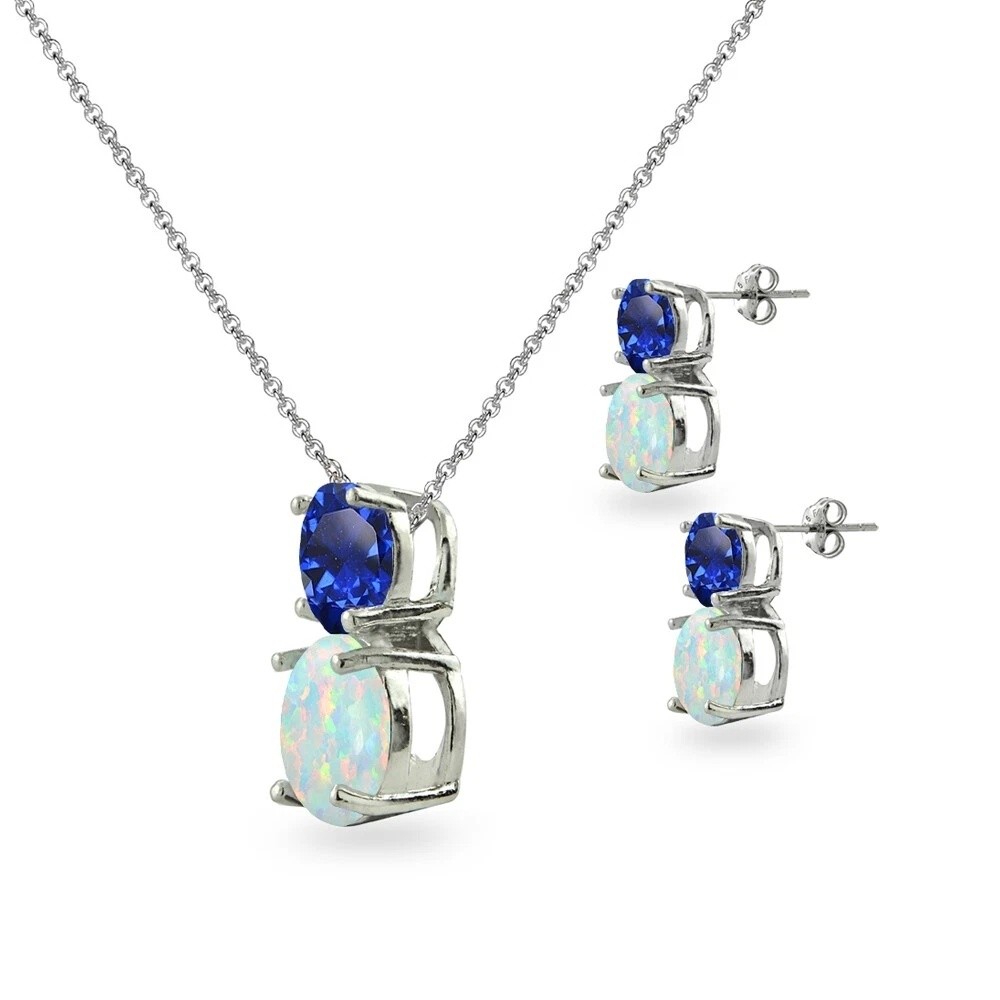 Round Created Blue Sapphire & Simulated Opal Earrings & Necklace Set in Silver