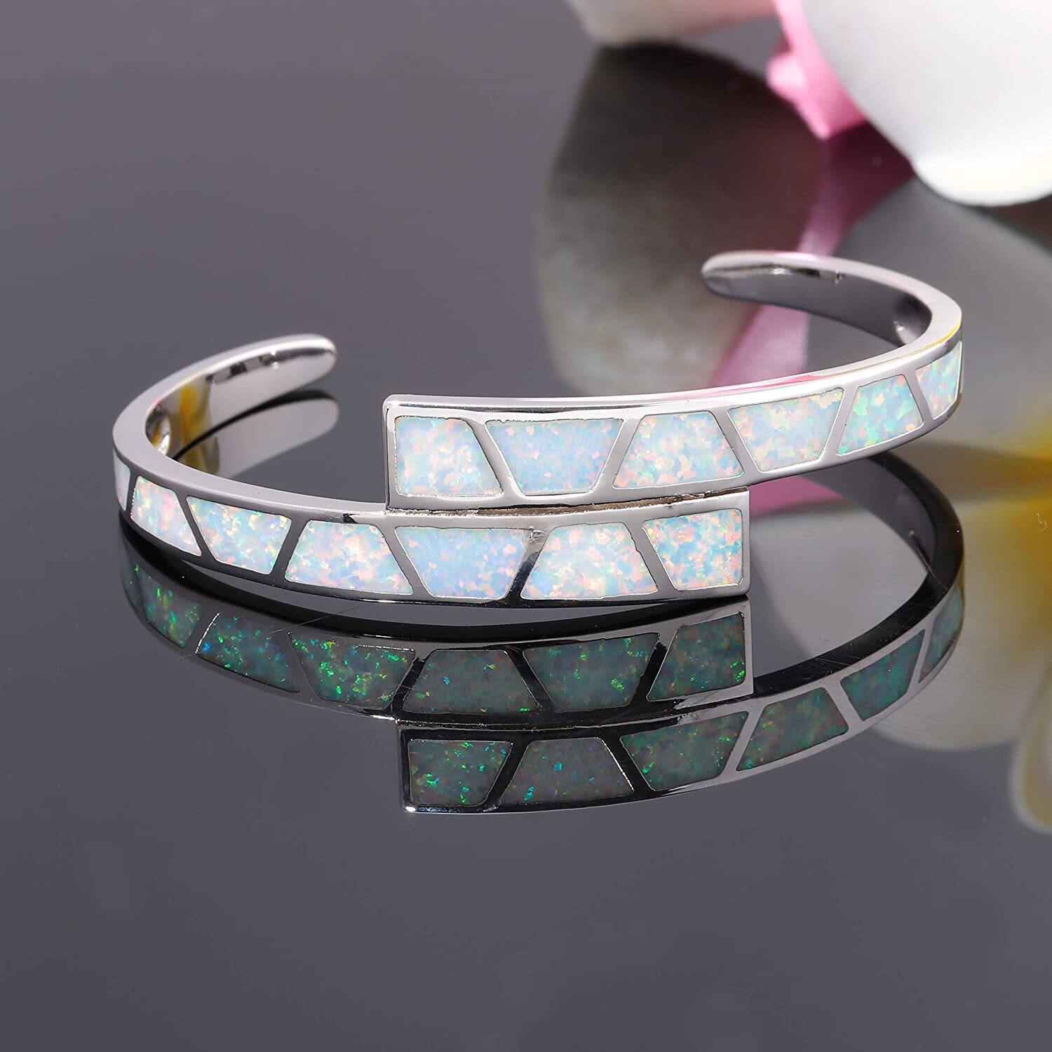 White Opal Double Striped Pattern Bangles 925 Sterling Sliver Jewelry For Women