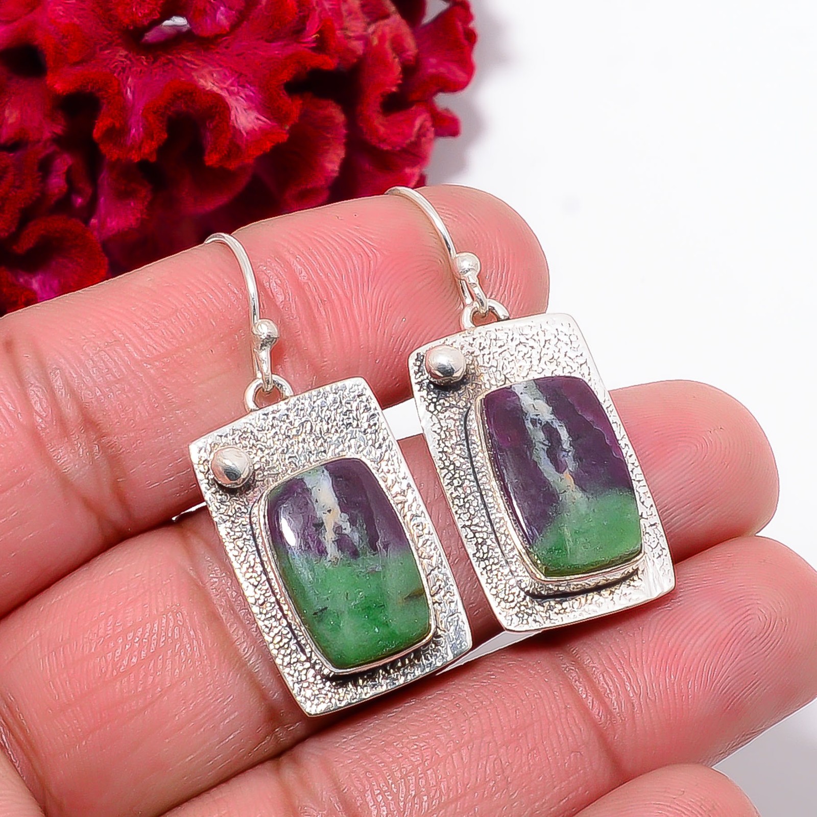 Natural Ruby With Zoisite – Tanzania 925 Sterling Silver Earring 1.56″ E102711