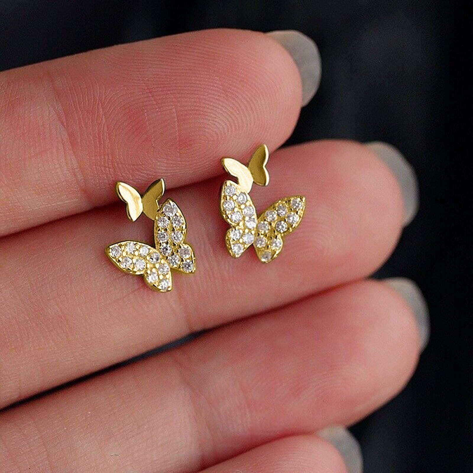 Butterfly Shape Drop Earrings Round Cut Simulated Diamond 14k Yellow Gold Plated