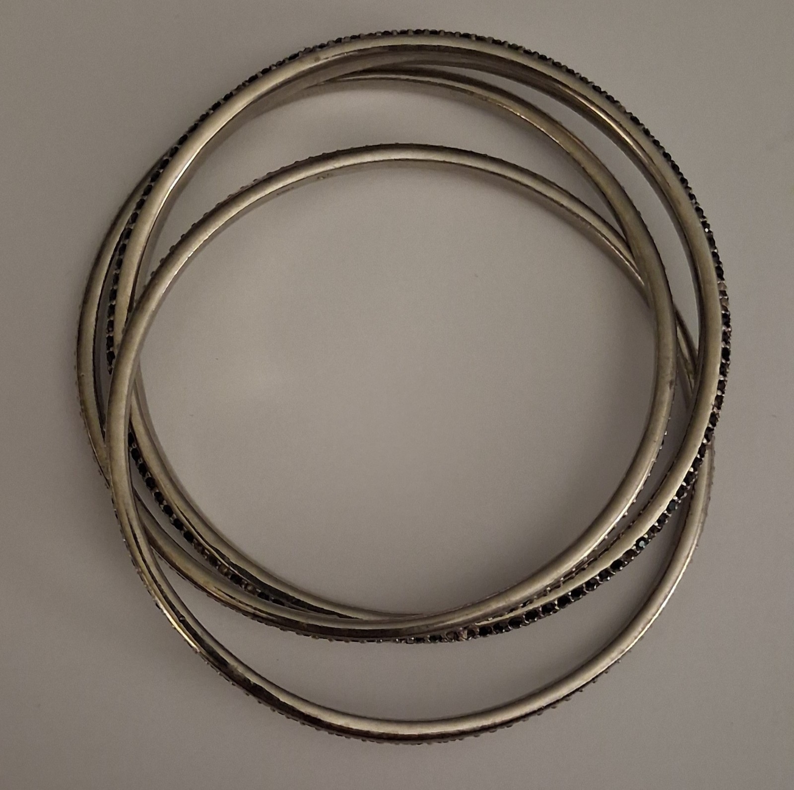 Set of 3 Silver Tone Stackable Bangle Bracelets Black Round Pavé Rhinestones
