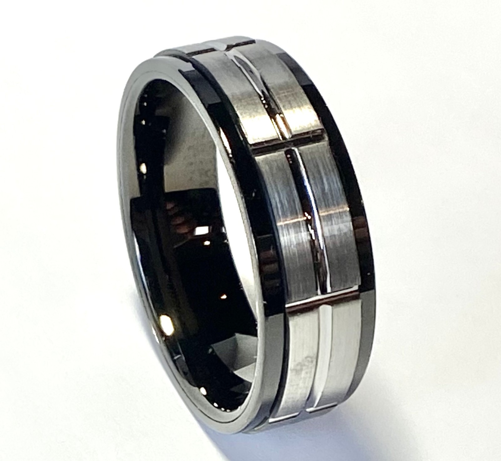 Black Ion Plated Tungsten Ring w/ Sectioned Silver Center Band