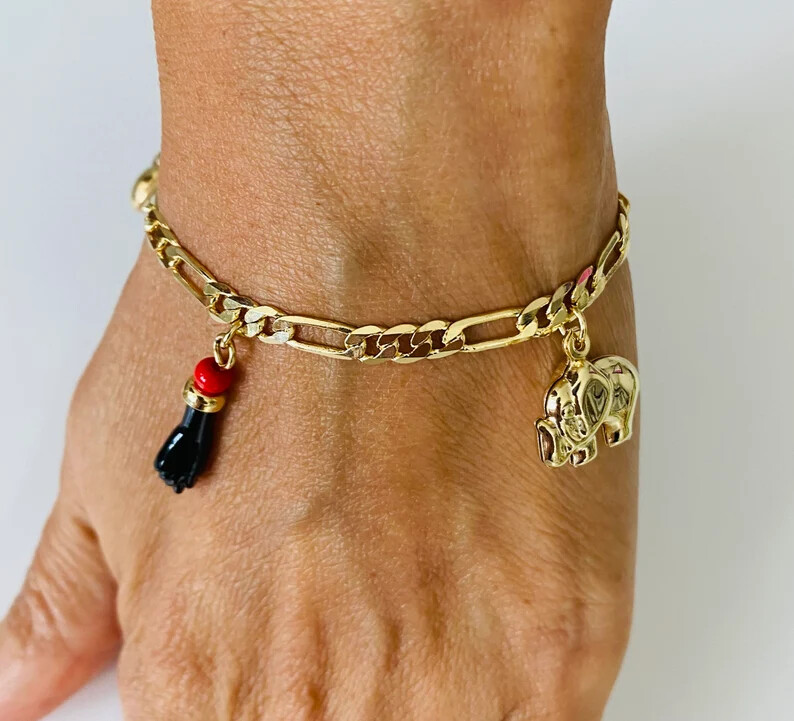 18K GOLD PLATED AZABACHE ELEPHANT ADULT 7.25″ BRACELET, PROTECTION, LUCK -B142