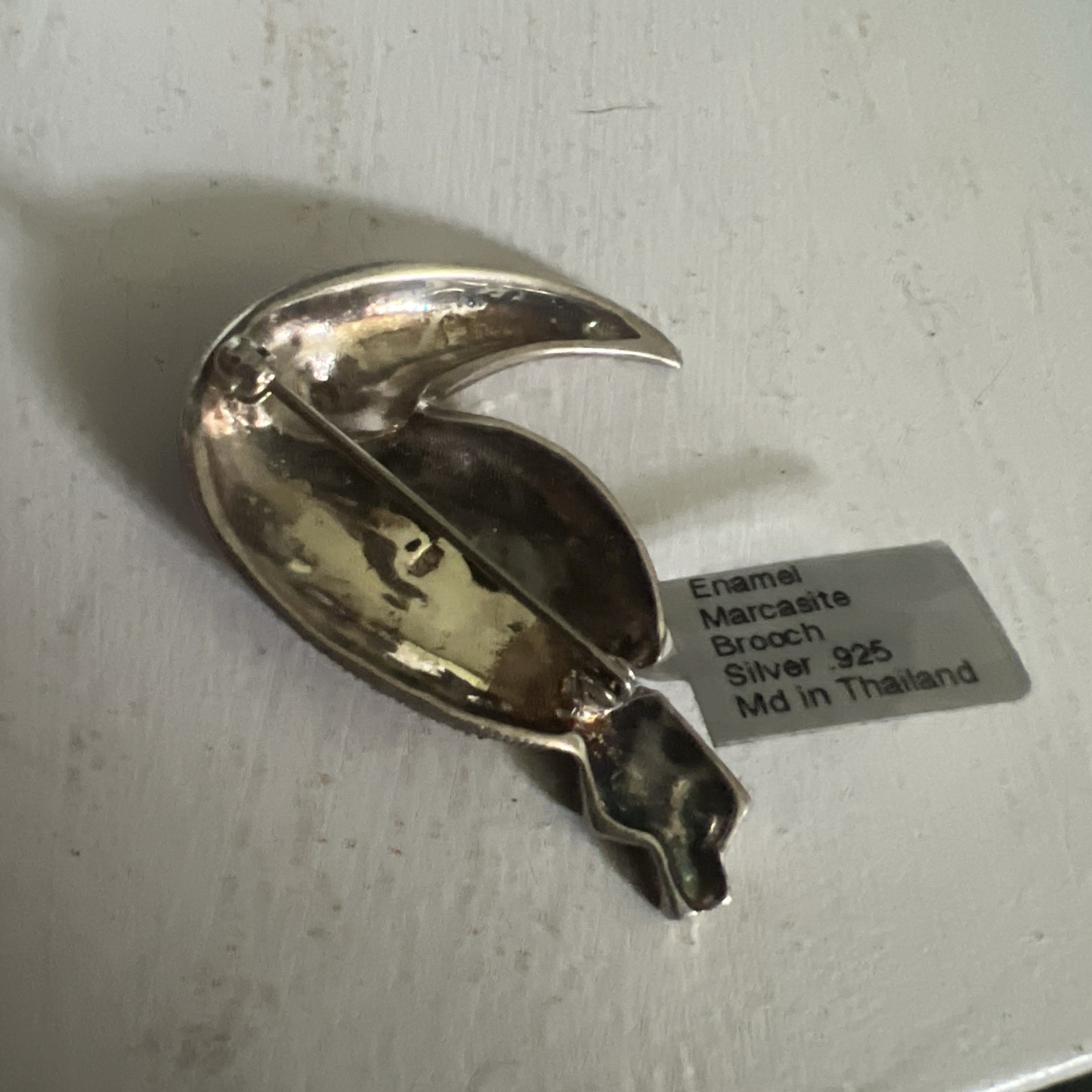 Toucan Brooch Silver .925 Black, Red & Gold Inlay, Marcasite Stones, 1 3/4″L, 9g
