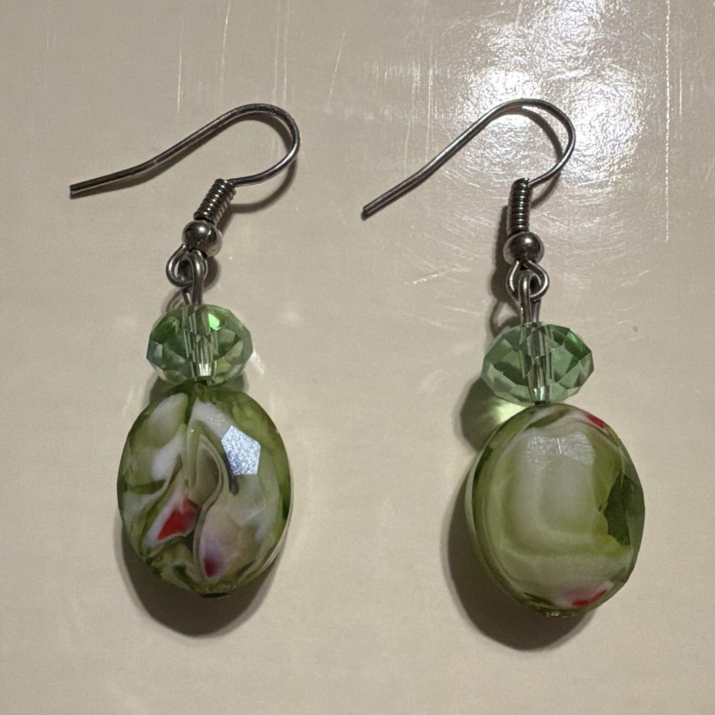 Green Oval Glass Beaded Dangle/Drop Earrings, Hook Closure, Glass & Metal