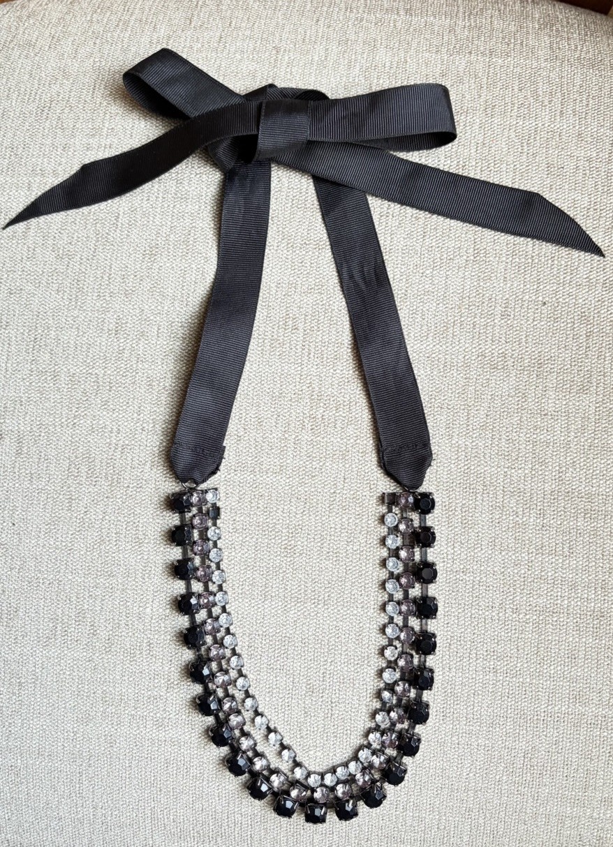 Black Ribbon Beaded Statement Necklace, Clear Crystals, Tie, Adjustable