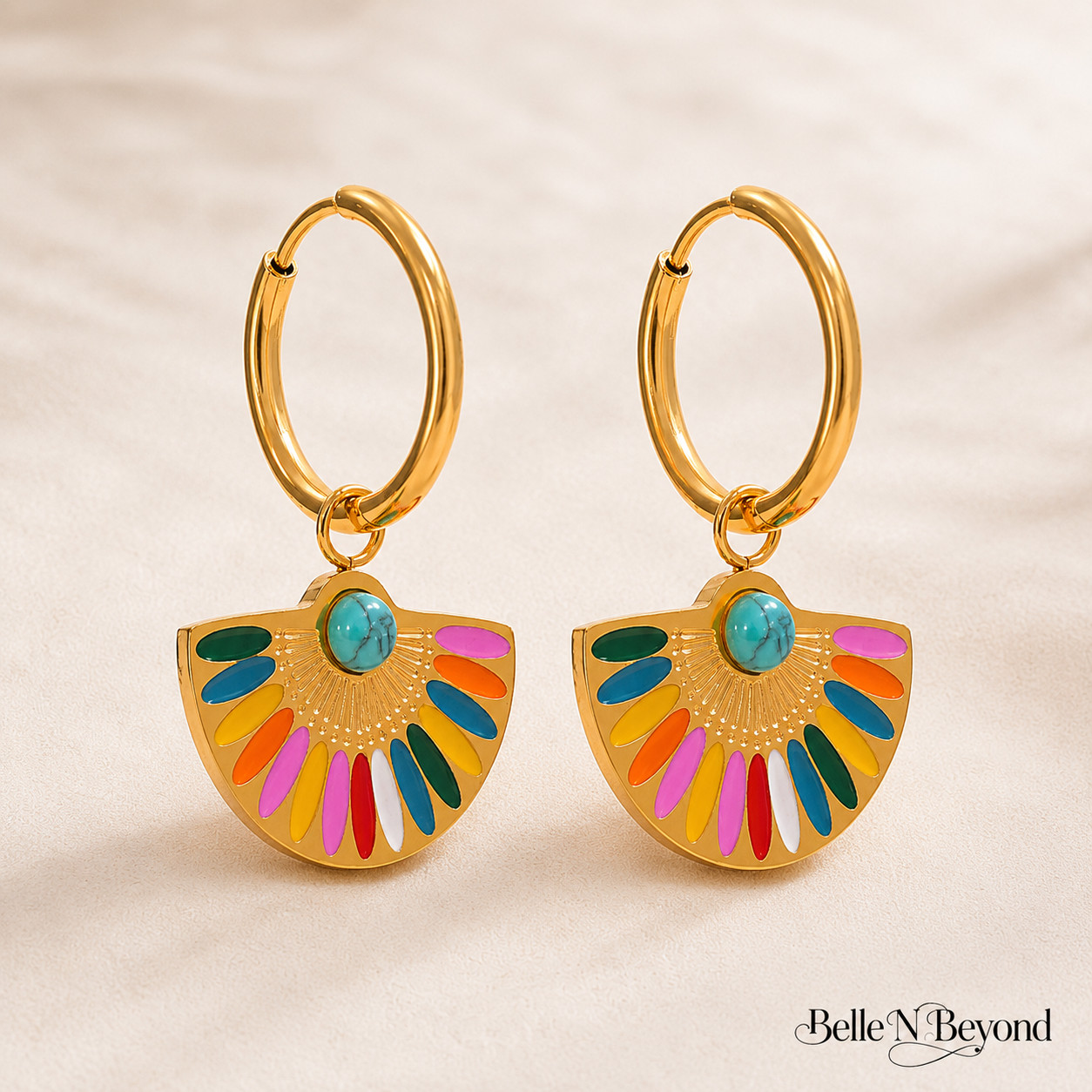 Colorful Fan Hoop Earrings Turquoise Enamel Gold Silver Boho Dangle Set