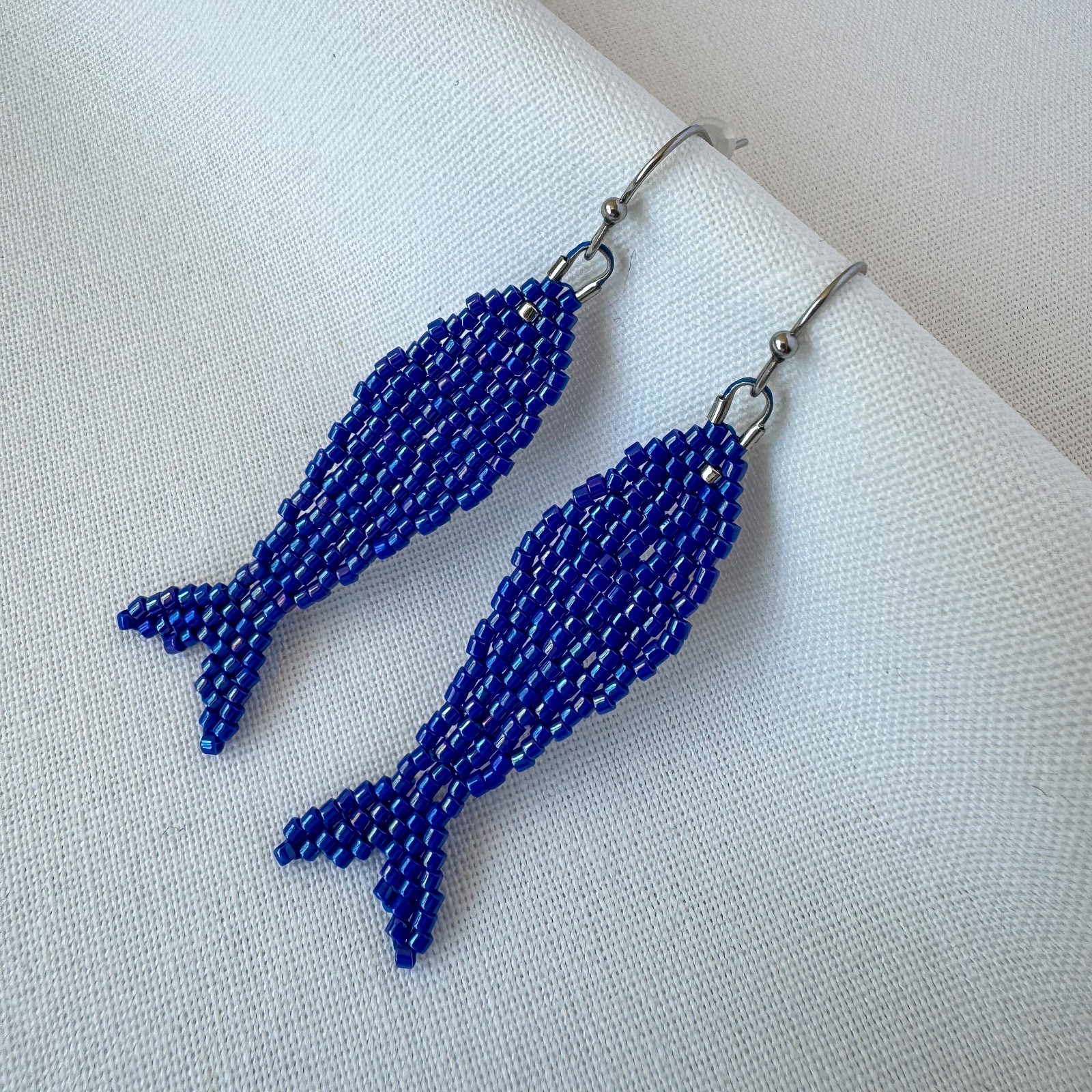 Cobalt Blue Beaded Fish Earrings, Handmade Miyuki Seed Bead Sardine Earrings