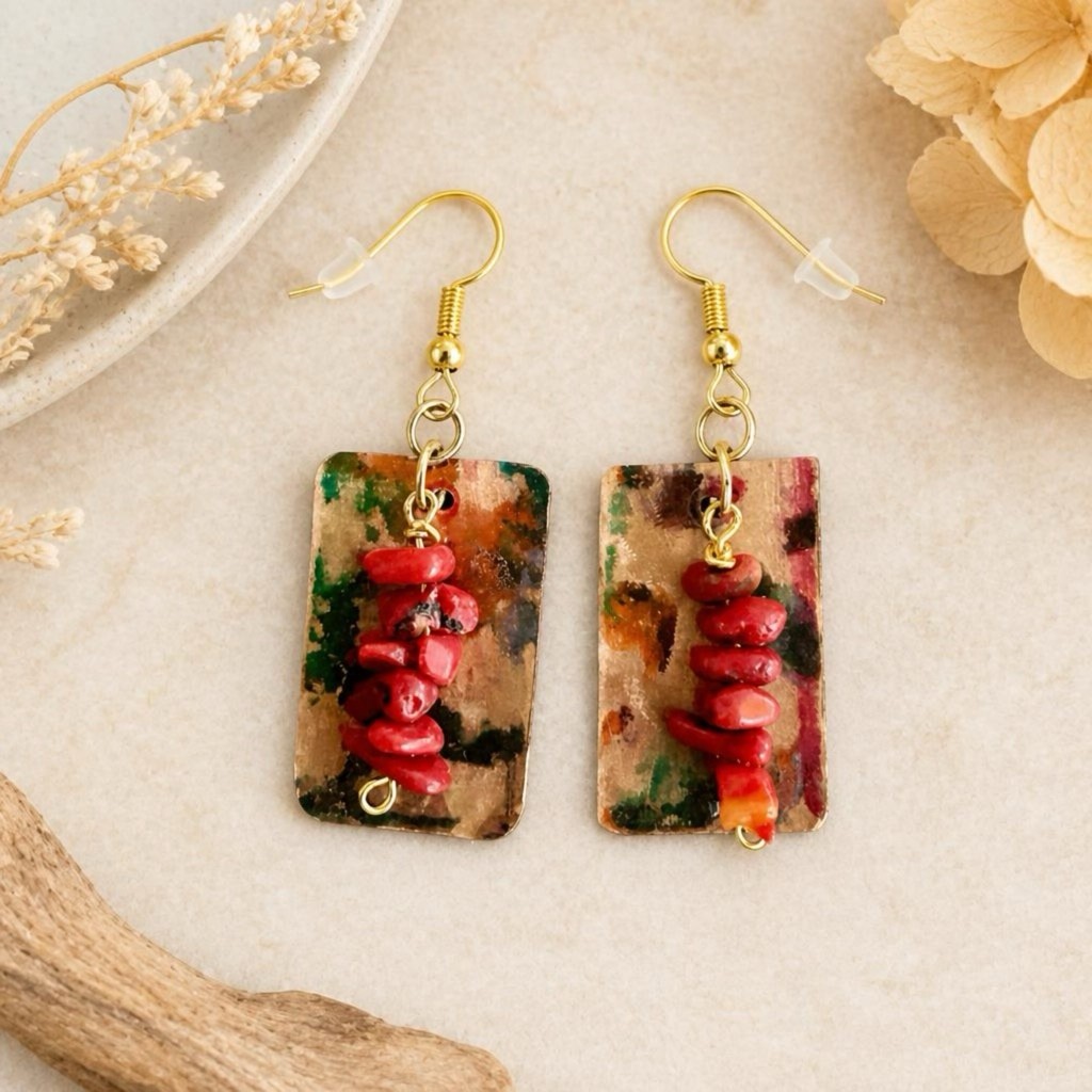 HANDMADE OOAK COPPER EARRINGS Hand Painted Coral Dangles Bohemian Artisan Art