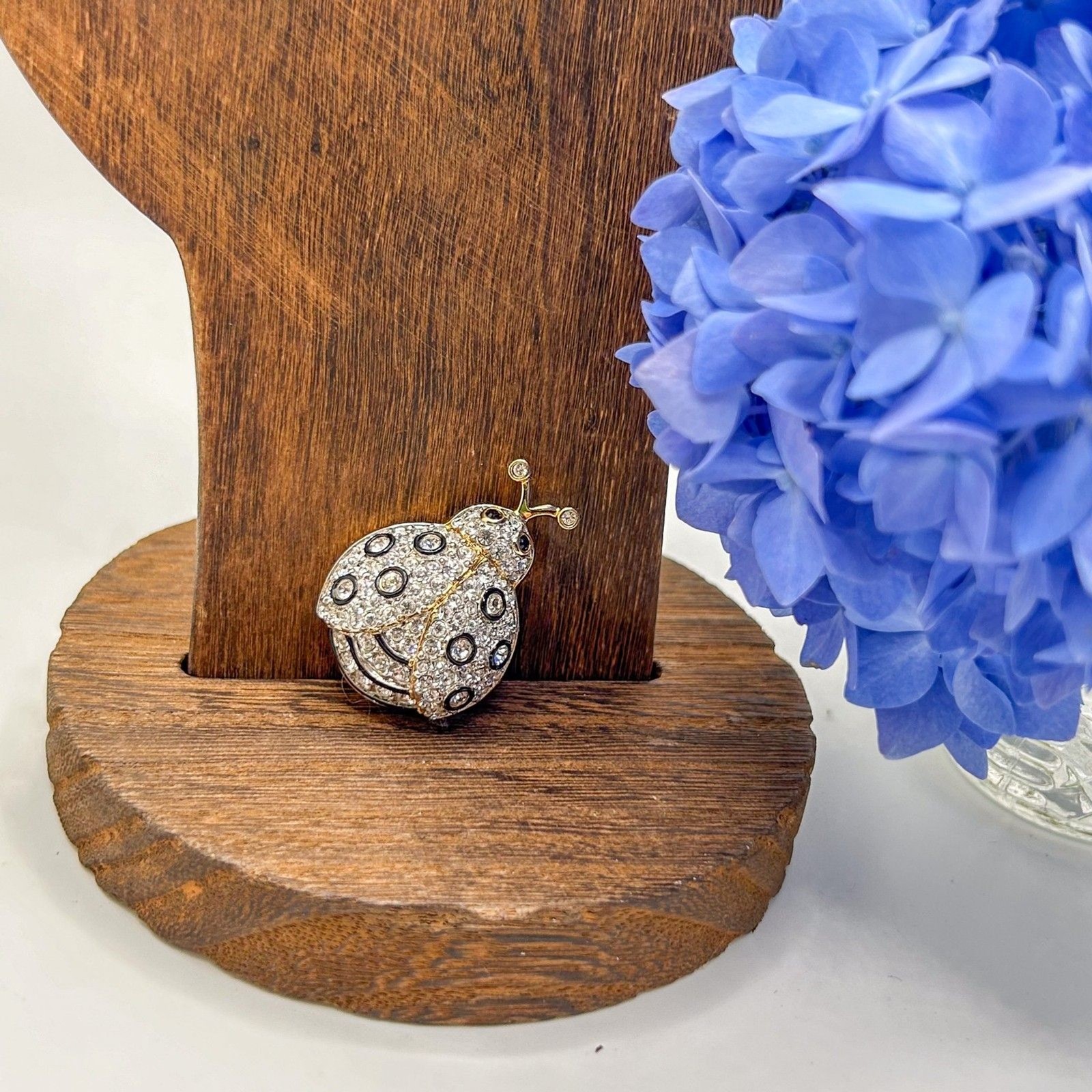 Swarovski Brooch Ladybug White Crystals with Black Enamel Gold Tone Base