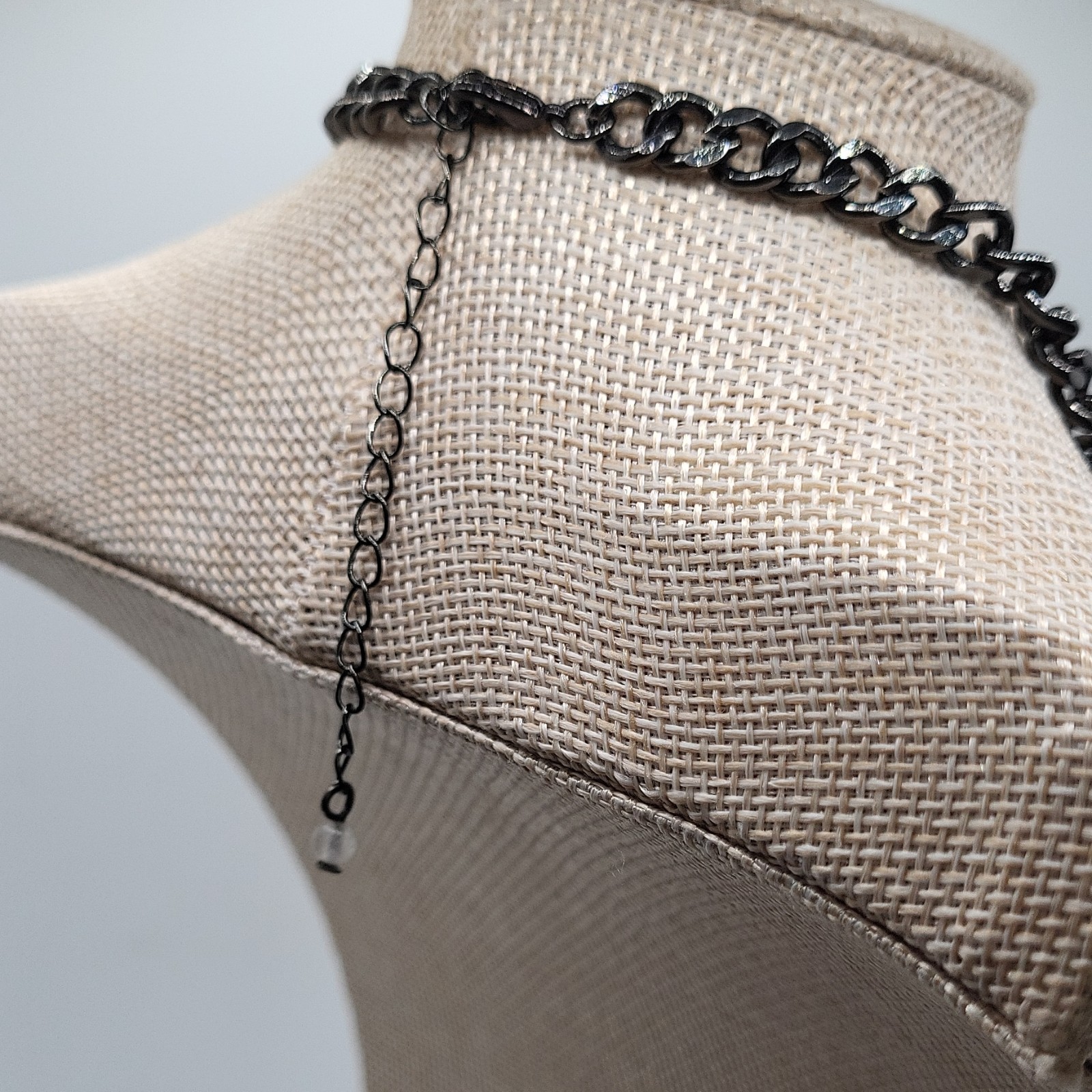 Black Silver Tone Curb Link Statement Chain Necklace Clear Crystal Sparkles