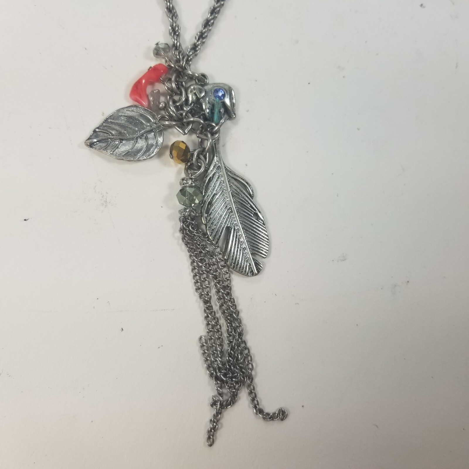Silver Tone Feather Dangle Charm Long Necklace Tassle Faux Turquoise Boho 32-35″