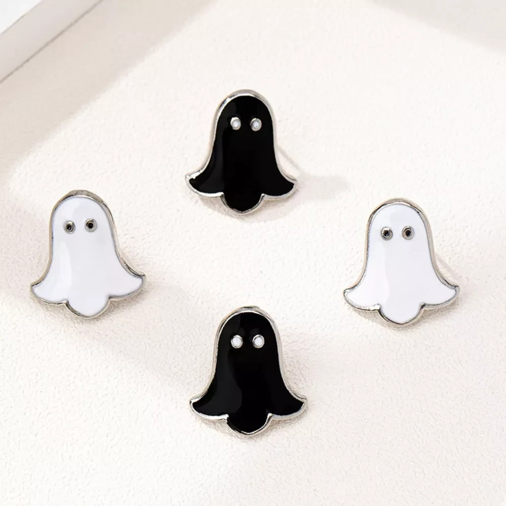 Halloween Ghost Stud Earrings Set 2 Pairs Black White Enamel Silver-Tone