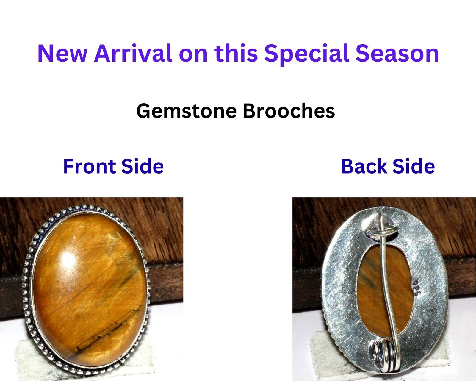 925 Silver Plated Exclusive Tiger Eye Brooches Pins Gemstone 1.3″ MJ