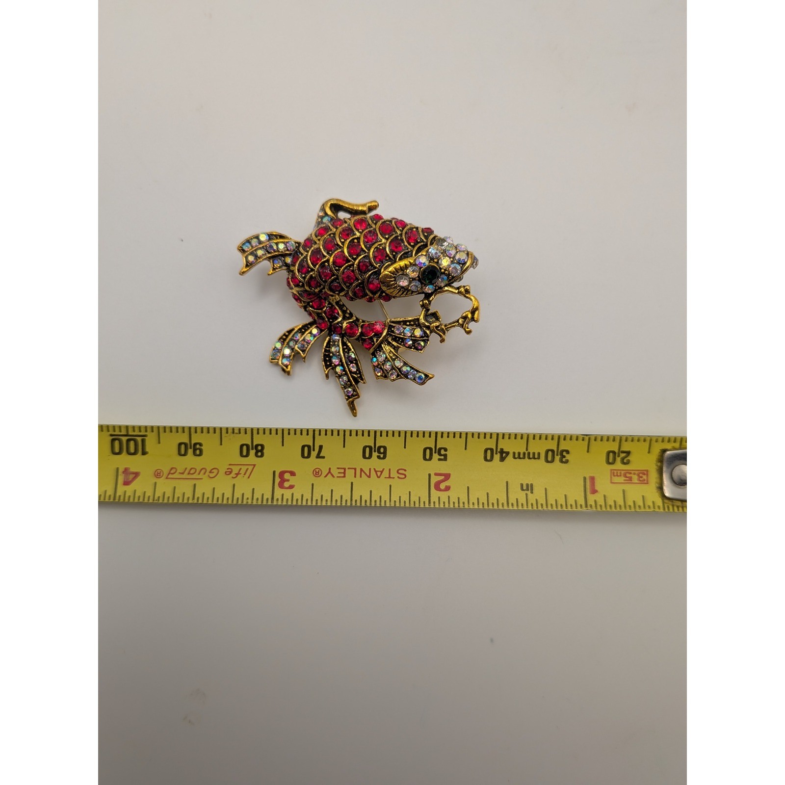 Vintage Style Koi Fish Brooch Red Aurora Borealis Rhinestone Gold Tone Statement
