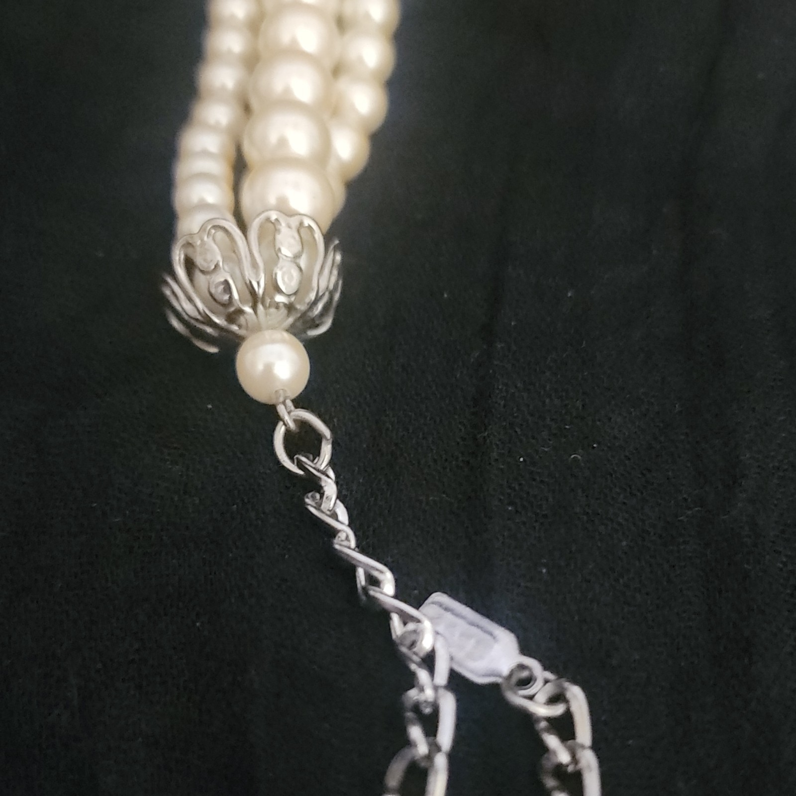 1928 Multi-Strand Ivory Simulated Pearl Beaded Necklace Crystal Silver Hook 18in