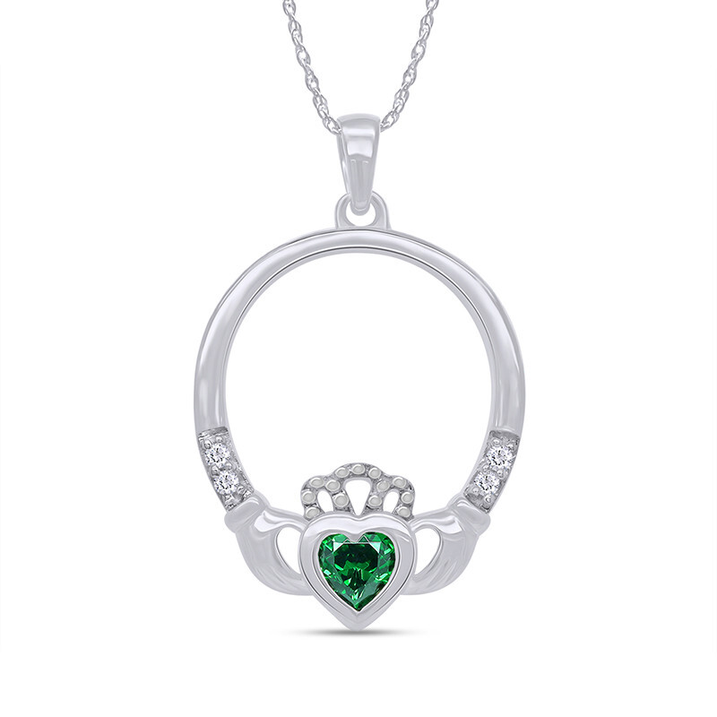 Claddagh Heart Pendant Necklace 18″ Simulated Emerald Solid Sterling Silver
